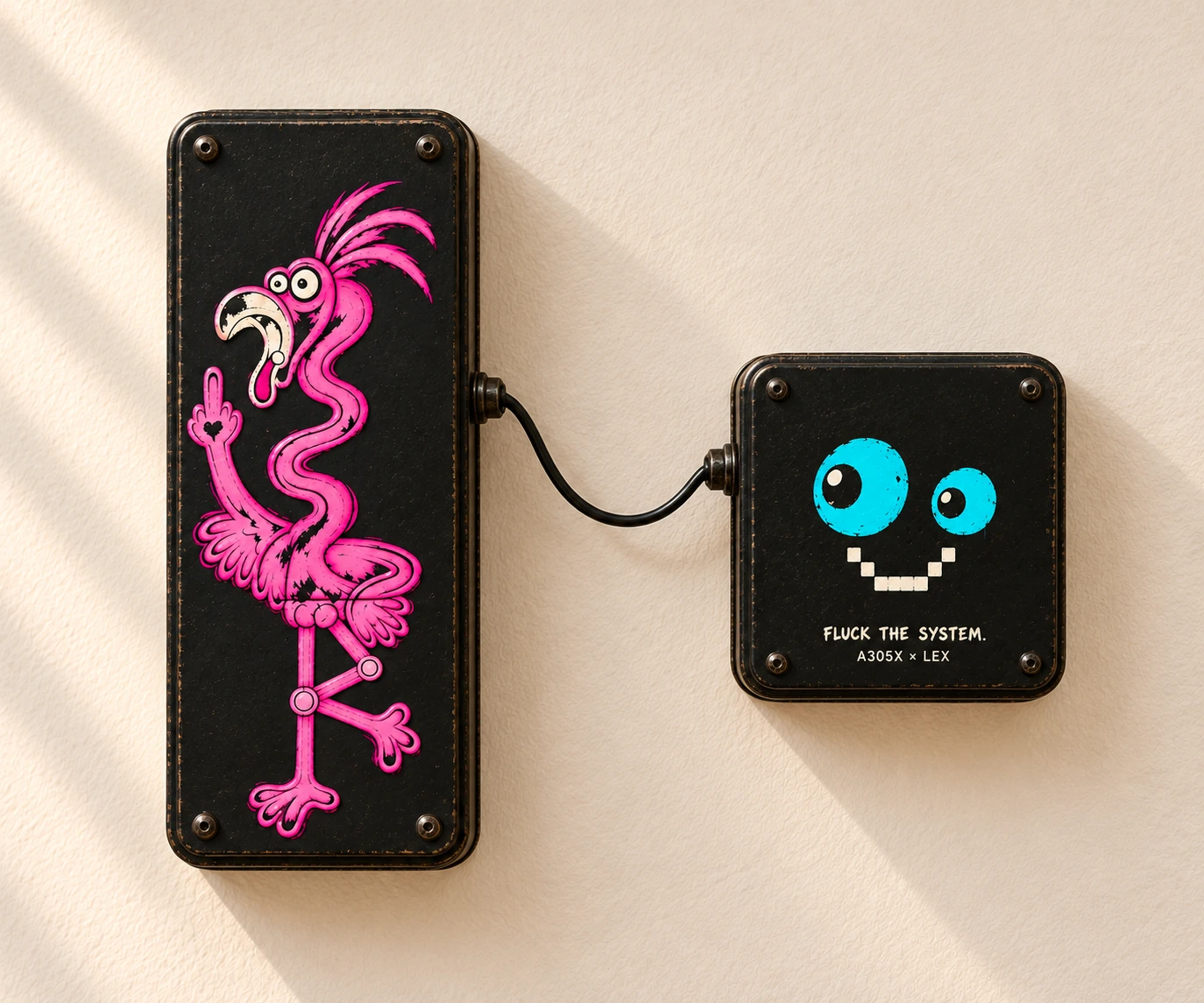 A305X flamingo and smiling companion connected by a wire, a wall-art design mockup