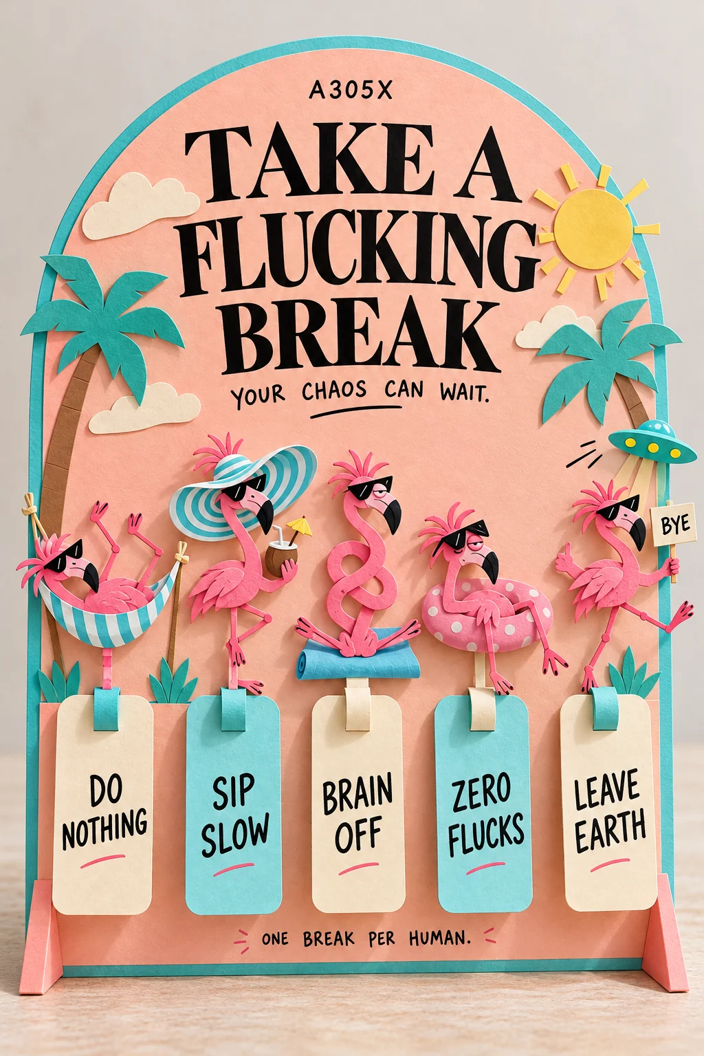 A colorful A305X flamingo ticket board offering five playful ways to take a break