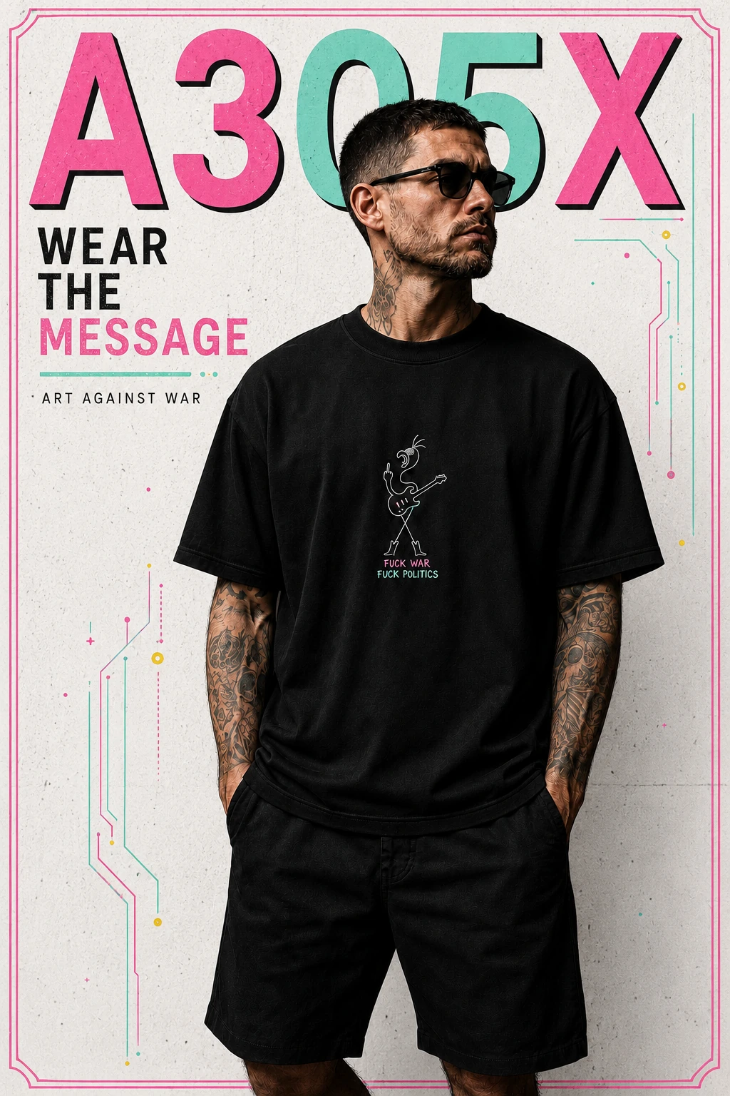 A305X black anti-war flamingo T-shirt campaign mockup